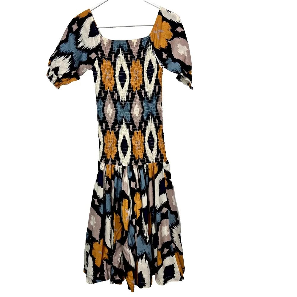 Midnight Velvet Dress Women M Blue Geometric Summer Vacation Cruise Smocked Midi